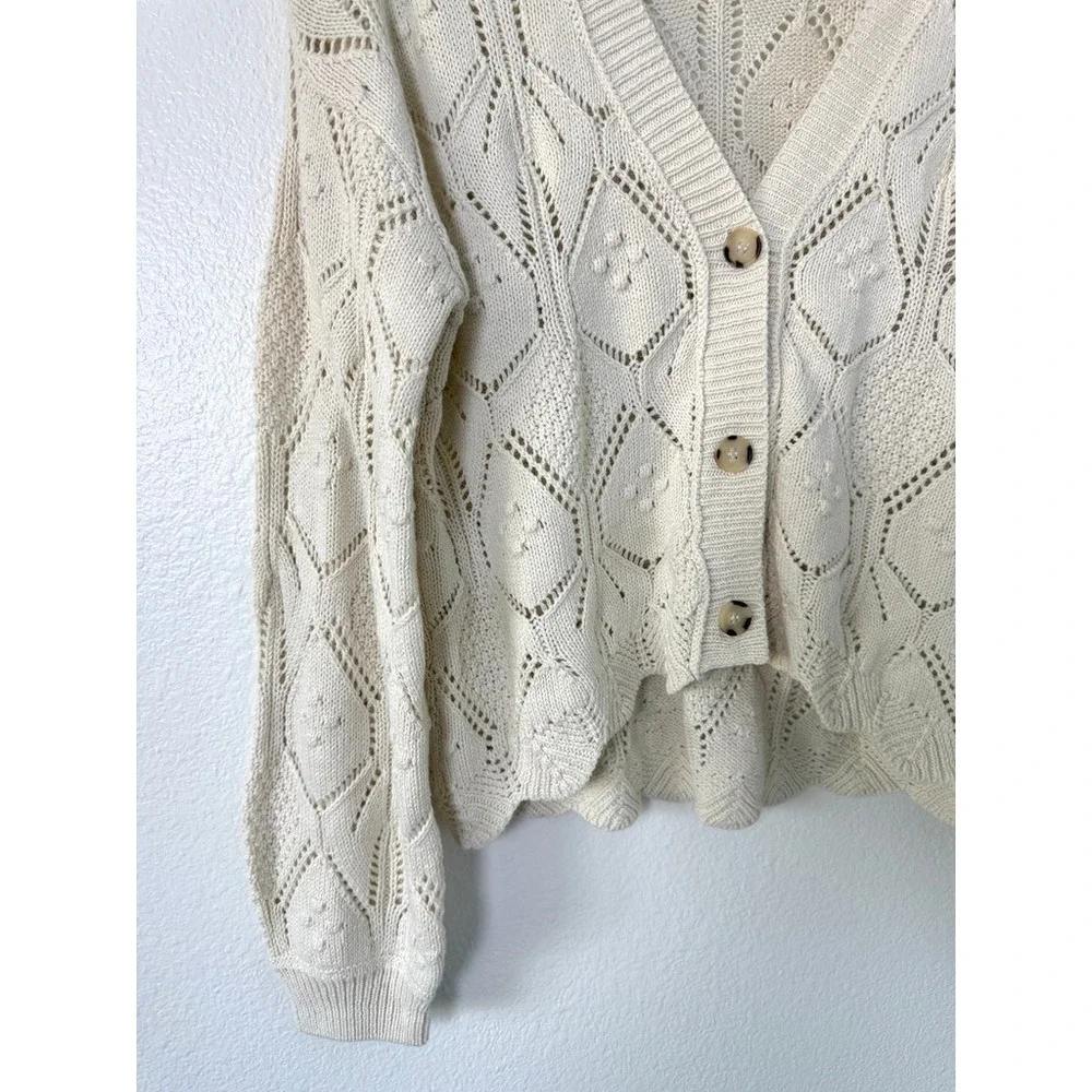 Freshman 1996 Cream Open Knit Cardigan Scalloped Hem Balloon Sleeve Size Small - Picture 4 of 8